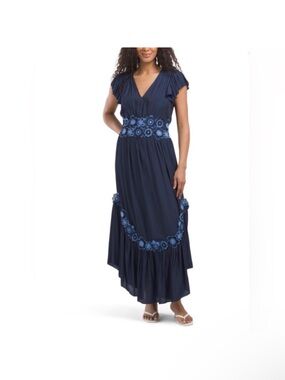 Ramy Brook Navy Maxi Dress with Blue Floral Embroidery